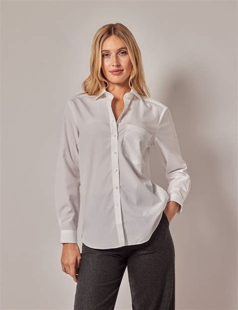 Women's White Cotton Relaxed Fit Shirt - Chest Pocket| Hawes & Curtis