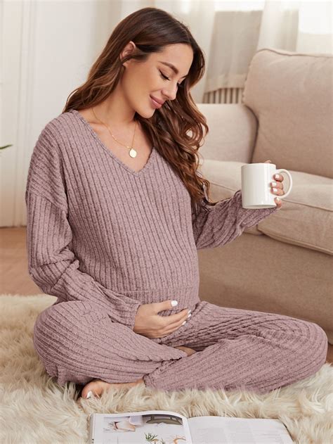 Maternity Ribbed Knit Drop Shoulder Lounge Set | Stylish maternity ...