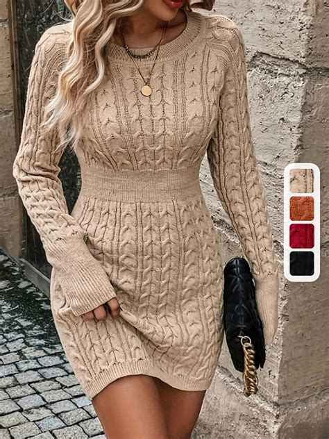 Cable Knit Ribbed Solid Dress, Casual Long Sleeve Crew Neck Bodycon ...