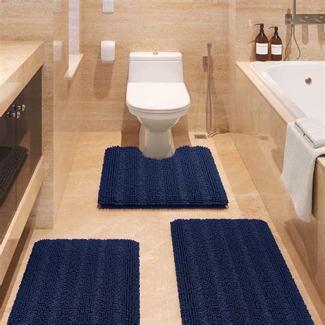 Striped Navy Blue Bathroom Rug Set 3 Pieces Ultra Soft, Non Slip ...
