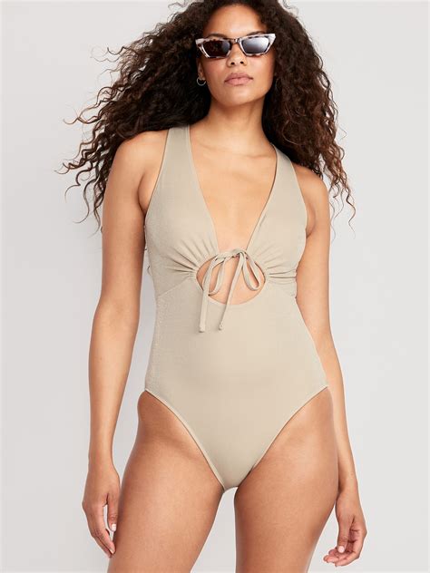 Old Navy - Cutout-Front Metallic Shine One-Piece Swimsuit for Women beige