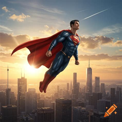 Superman flying heroically in his classic blue and red suit with a red ...