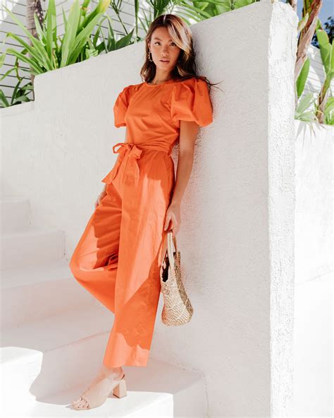 Briella Cotton Pocketed Puff Sleeve Jumpsuit - Orange - Oshnow