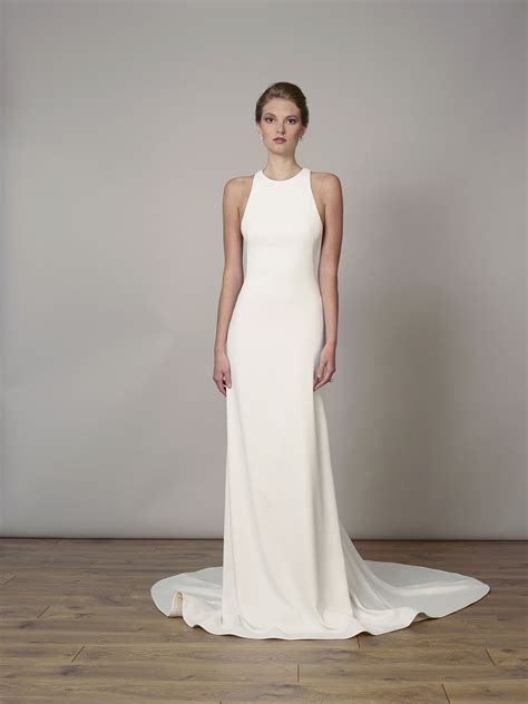 Style 7830 | Matte crepe high-neck sheath gown with open back detail. | White bridal dresses ...