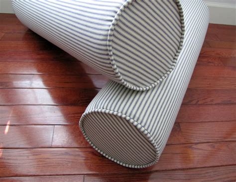 Grateful Home — Bolster Neckroll Pillow in Blue Ticking Fabric, Welted ...