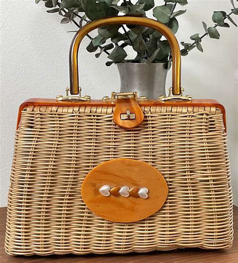 1950s 1960s Coated Wicker Top Handle Handbag, Vintage Lucite Purse, Mid ...