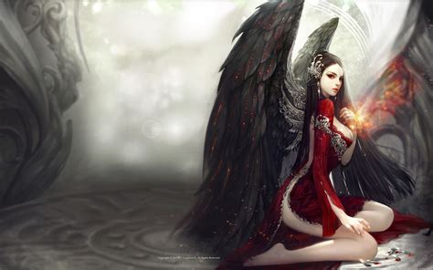 red eyes, long hair, big boobs, hair ornament, wings, black hair, red ...