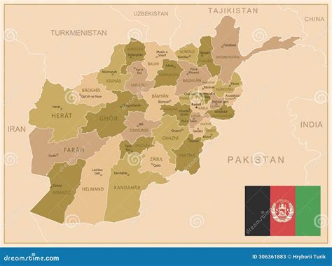 Afghanistan - Vintage Map of the Country in Brown-green Colors Stock Illustration - Illustration ...