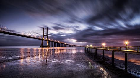 Download Portugal Lisbon Ocean Horizon Sky Night Bridge Man Made Vasco ...