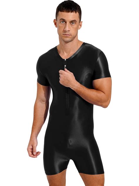CHICTRY Mens One Piece Swimsuit Short Sleeve Zipper Jumpsuit Glossy ...