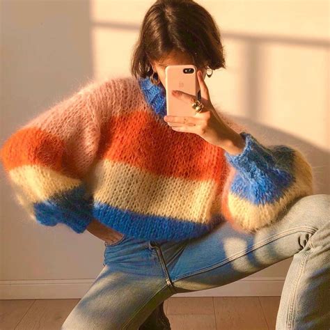 Colorful Striped Sweater, Crochet Sweater, Hand Knitted Warm Sweater ...