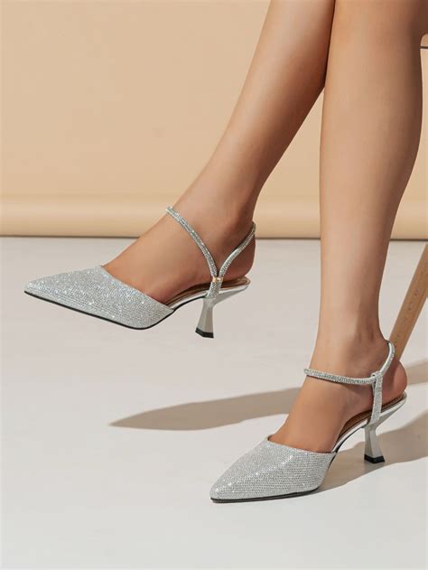 Glitter Rhinestone Decor Point Toe Sculptural Heeled Slingback Pumps in ...