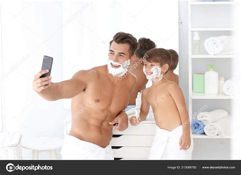 Father Son Having Fun While Shaving Bathroom — Stock Photo © NewAfrica ...