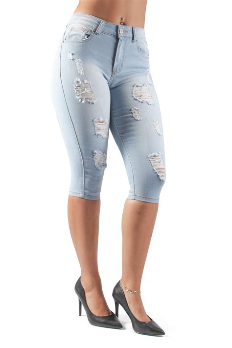 Fashion2Love Women's Juniors Destroyed Ripped Stretch Denim Capri ...