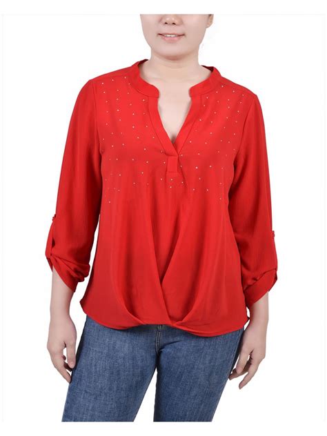 NY Collection Womens Petites Mandarin Collar Adjustable Sleeve Blouse ...