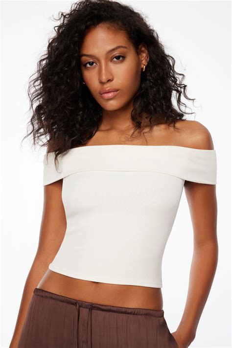 Layla Off Shoulder Ribbed Top Beige | Dynamite