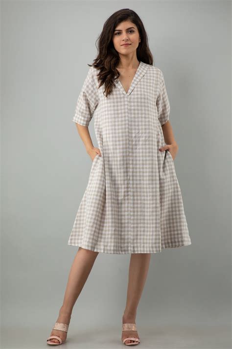Casual Linen Dress, Linen Midi Dress, Checkered Linen Dress, Beige ...