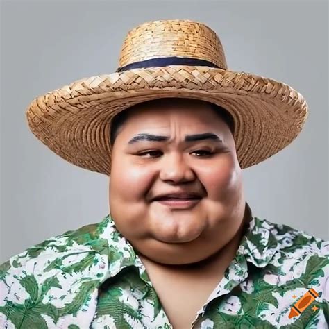 Fat mexican man wearing sunglass, straw hat and hawaiien shirt; smiling ...