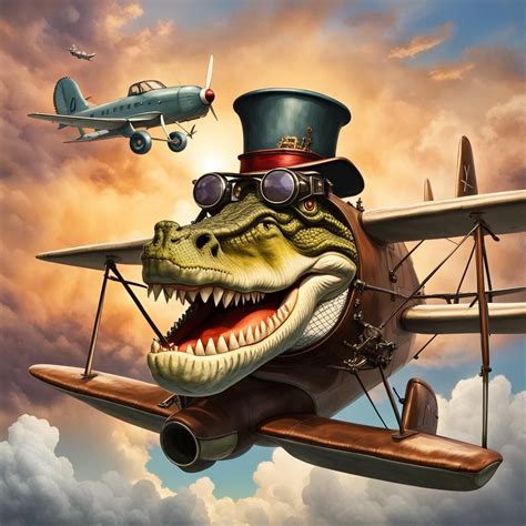 Big Crocodile with tophat and ww2 airplane glasses flying a very small ...