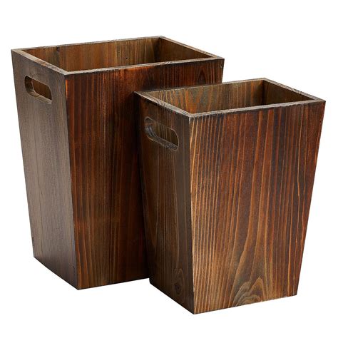 2 Piece Rustic Style Wood Trash Can Set, Farmhouse Square Wastebasket ...