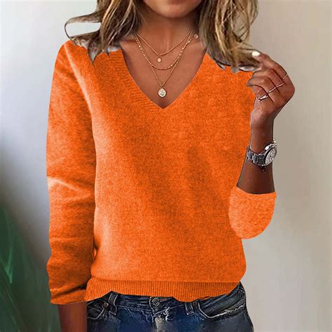 Aobny Cotton Pretty Womens Sweaters Orange Stockinette V-Neck Long ...