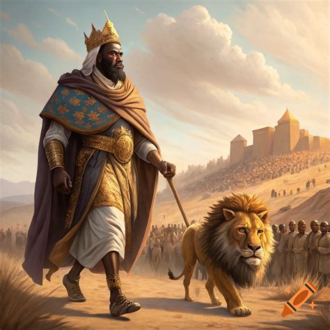 Mansa Musa with lion cub and pilgrimage procession on Craiyon