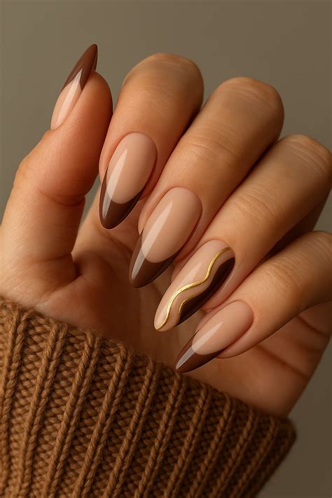 Nude & Brown Almond Nails with Gold Wave – Cozy Elegance 🤎 in 2025 | Nail art, Nail designs ...