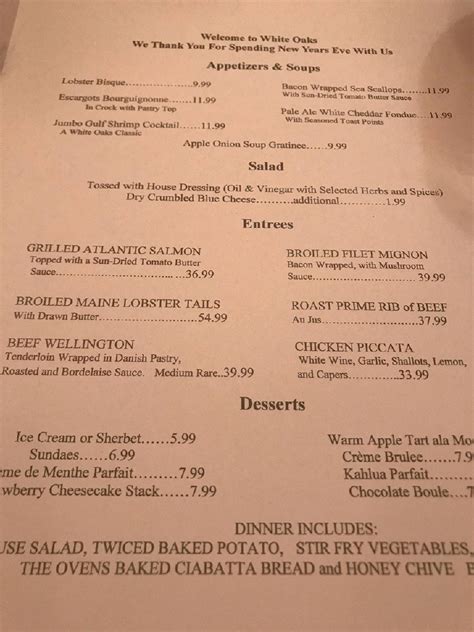 Menu at White Oaks Restaurant, Westlake, 777 Cahoon Rd