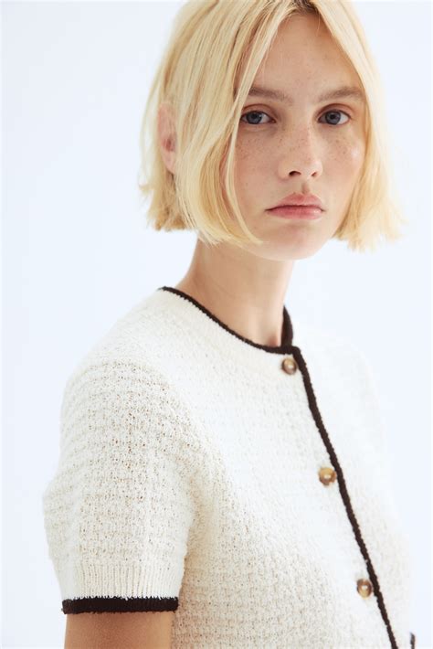 Textured Knit Cardigan - Cream/Black - Ladies | H&M AU