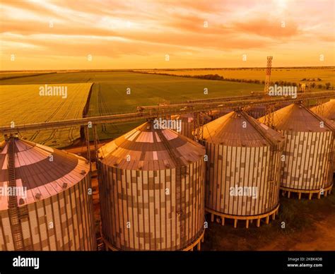 Grain elevator. Metal grain elevator in agricultural zone. Agriculture ...