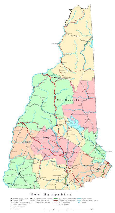 Large detailed administrative map of New Hampshire state with highways ...