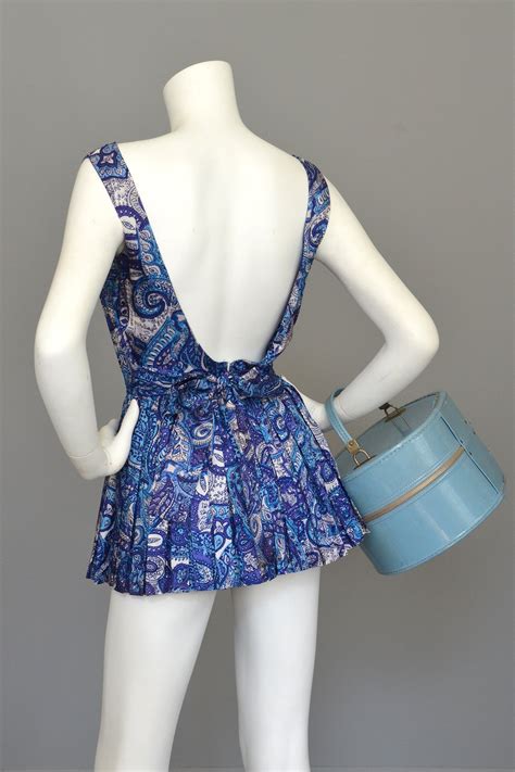 1950s Blue Paisley Vintage Pinup Romper Bathing Suit Playsuit ...