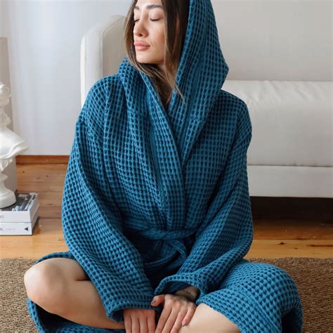 Elegant Cotton Waffle Robe for Women Indigo Blue, Thick Hooded Bath ...