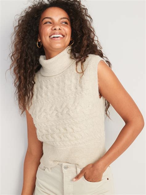 Sleeveless Cropped Cozy Plush-Yarn Cable-Knit Turtleneck Sweater | Old Navy