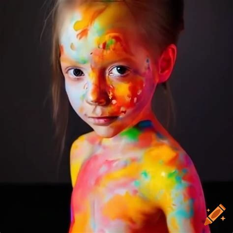 Colorful body paint on a young girl on Craiyon