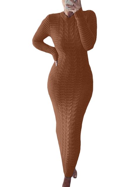 Bagilaanoe Slim Fit Knit Sweater Dresses for Women Elegant Long Sleeve ...
