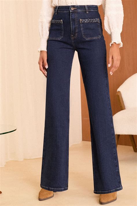 Womens Love & Roses Dark Wash Blue High Waist Wide Leg Plait Pocket ...