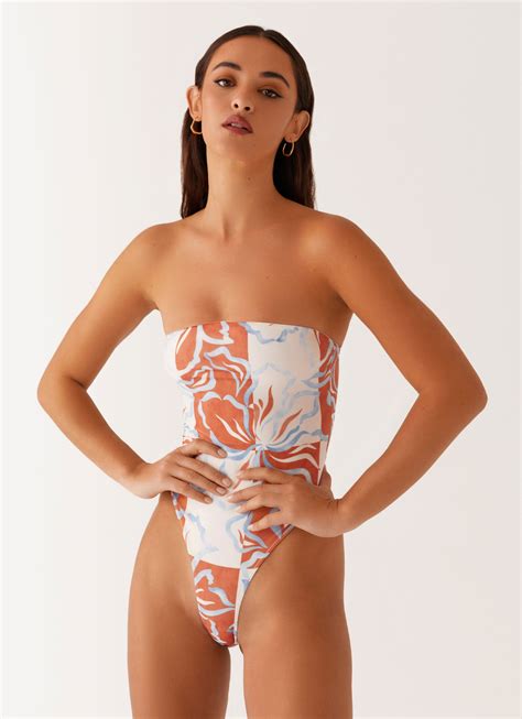 Maxine Strapless One Piece Swimsuit - Orange Blue Floral – Peppermayo