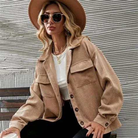 Flap Pocket Drop Shoulder Corduroy Jacket women's... - Depop