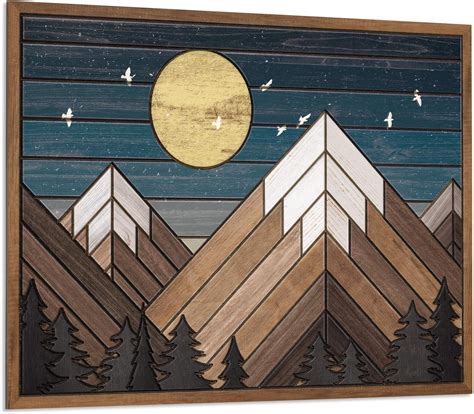 Amazon.com: Putuo Decor Wooden Mountain Wall Art, Moon Over Mountain ...