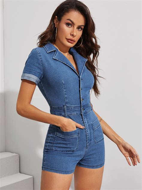 Patch Pocket Button Front Denim Romper Without Belt | Denim romper ...