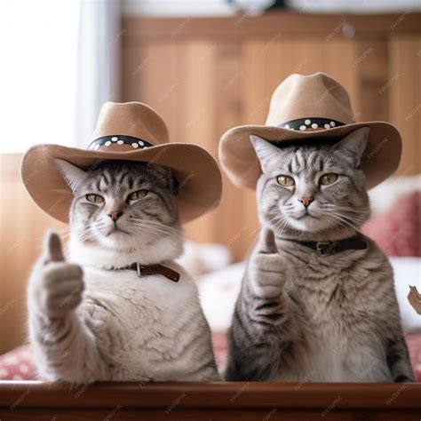 Premium AI Image | two cats wearing cowboy hats sit on a bed and one ...