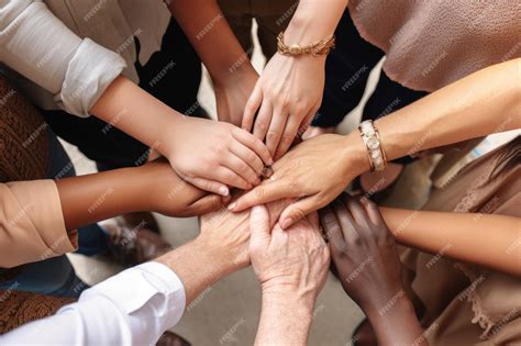 Closeup of hands from above and a group of people holding hands ...