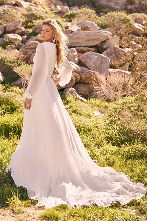 66305: Chiffon A-Line Bridal Dress with Blouson Sleeves | Lillian West