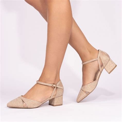 Frankie Champagne Glitter Wide Fit Low Block Heel Court Shoes