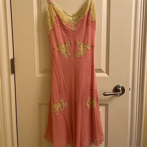 Betsey Johnson midi slip dress. Pink and yellow lace... - Depop