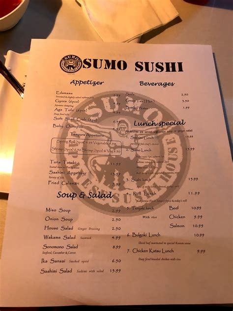 Menu at Sumo Sushi restaurant, Lakeland