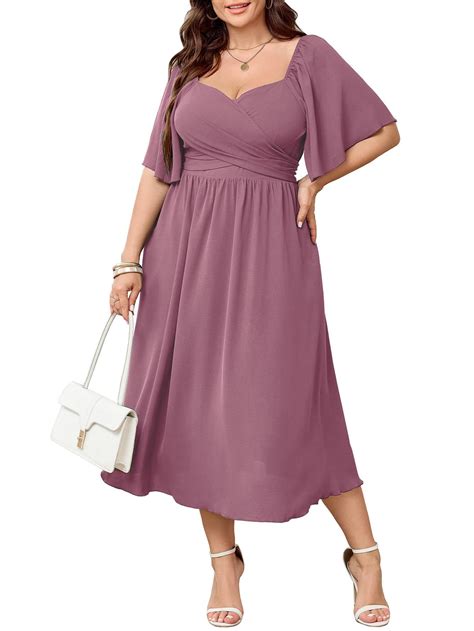 SHESTARR Women's Plus Size Midi Dress Sweetheart Neck Short Sleeve ...