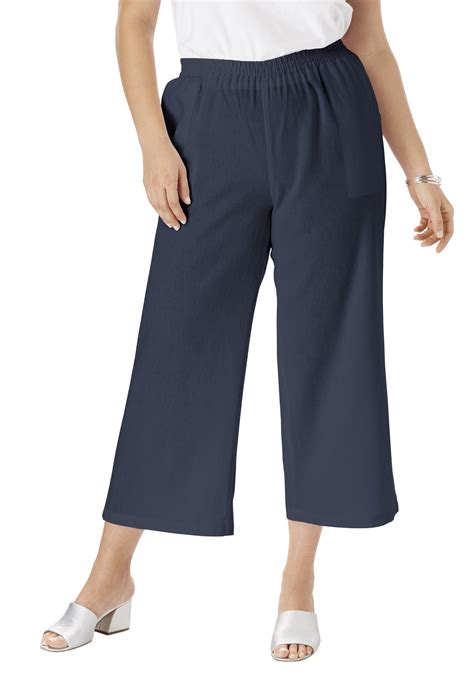Jessica London Women's Plus Size Wide Leg Linen Crop Pants Elastic ...