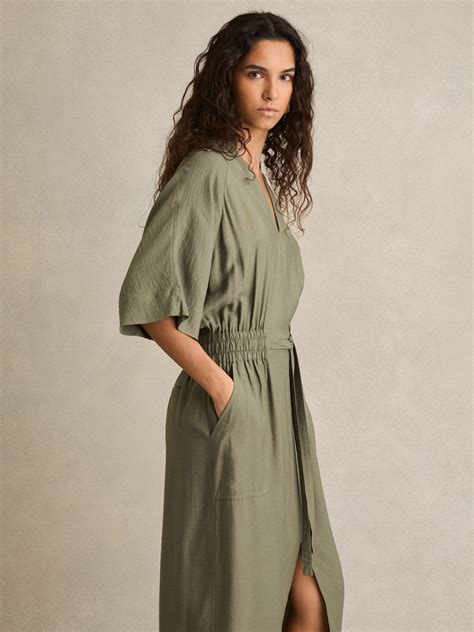 Reiss Shirred-Waist Midi Shirt Dress in Khaki - REISS